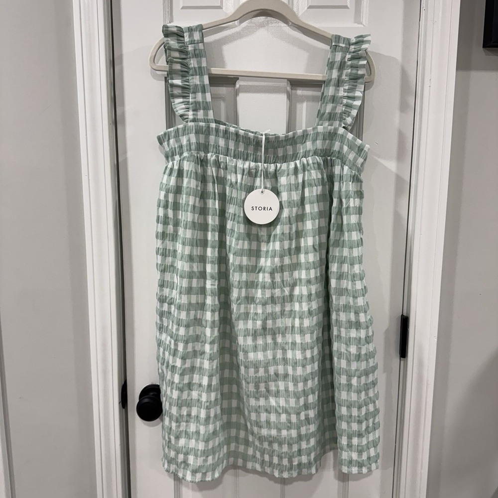 Storia Womens Dress Large Green White Gingham Ruffle NWT